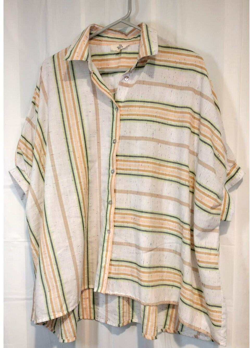 Entro S/M Striped Button-Down Blouse Oversized Lagenlook Tan Green